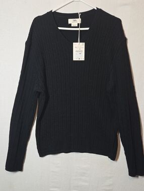 Zara Man $80 Sweater XL Black Cable-Knit V-Neck Pullover 90's Archive Cotton